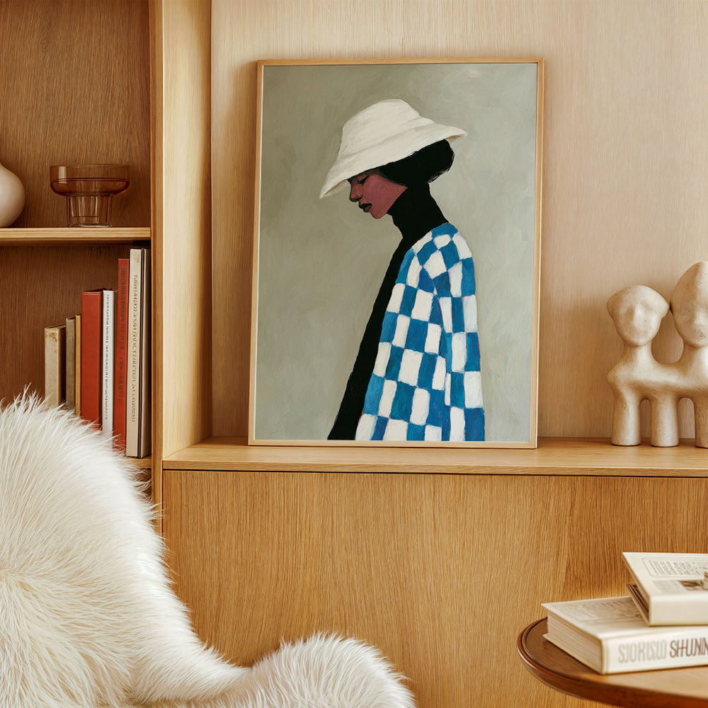 Ilustración perfil femenino con sombrero y cuadros – Product2