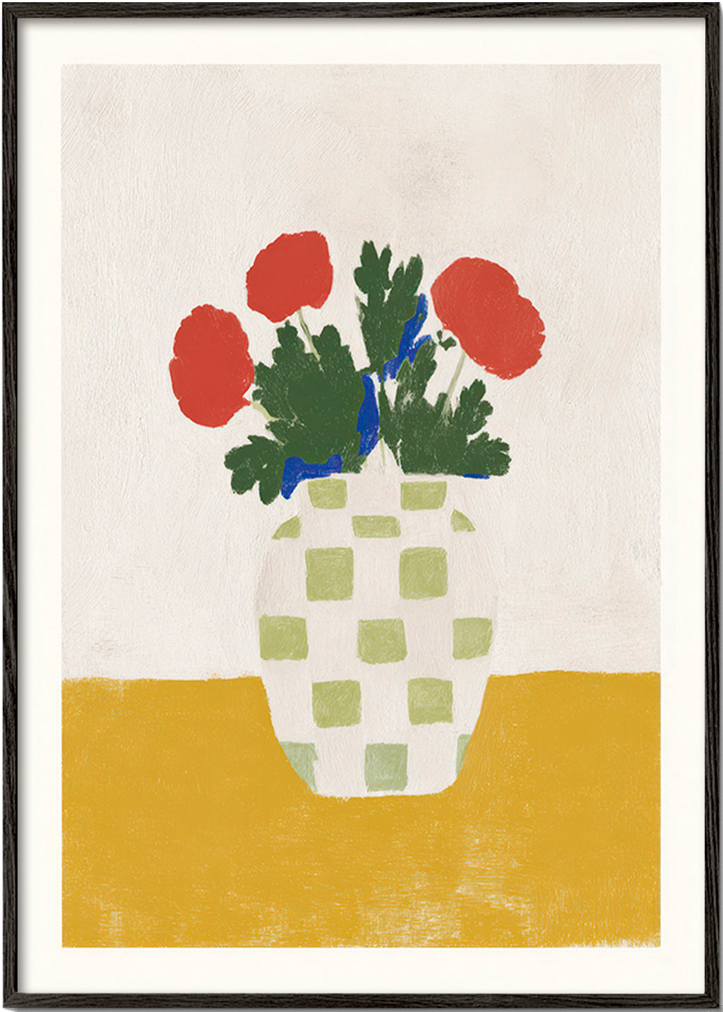 Lámina botánica: jarrón a cuadros con amapolas – Black Frame