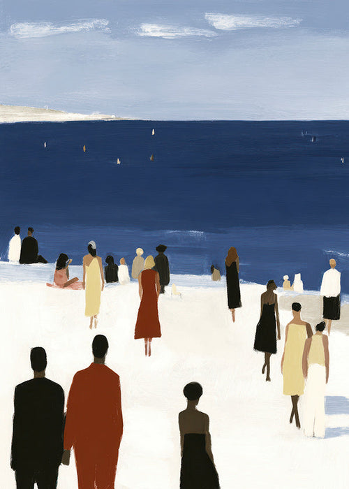 Cuadro de paisaje costero con figuras elegantes