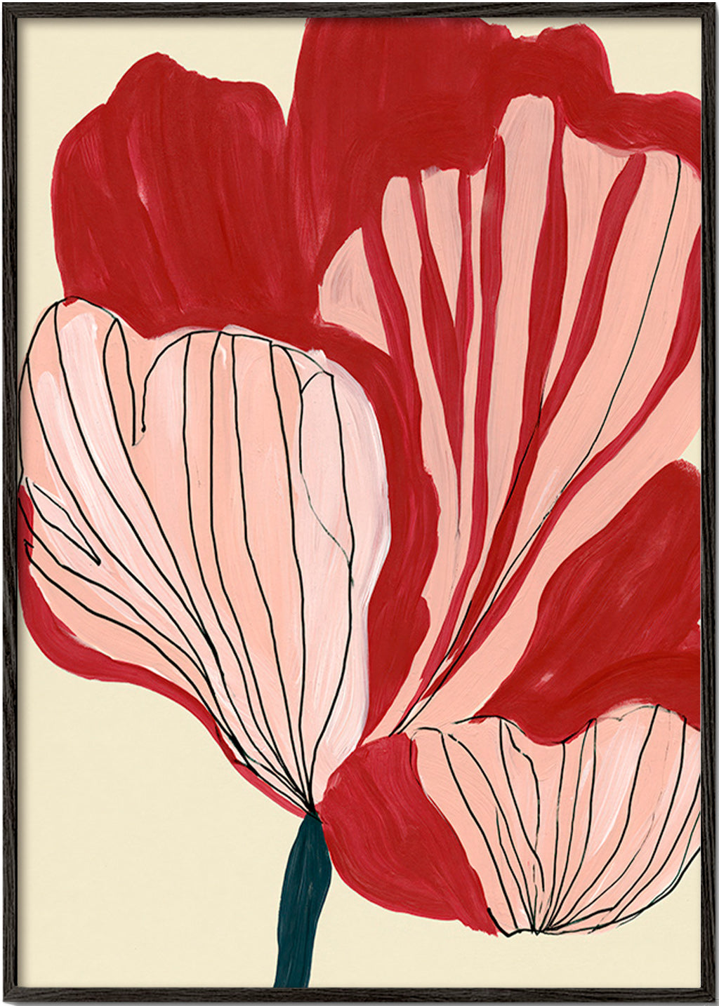 Botanischer Druck: scharlachrote Blütenblätter – Black Frame