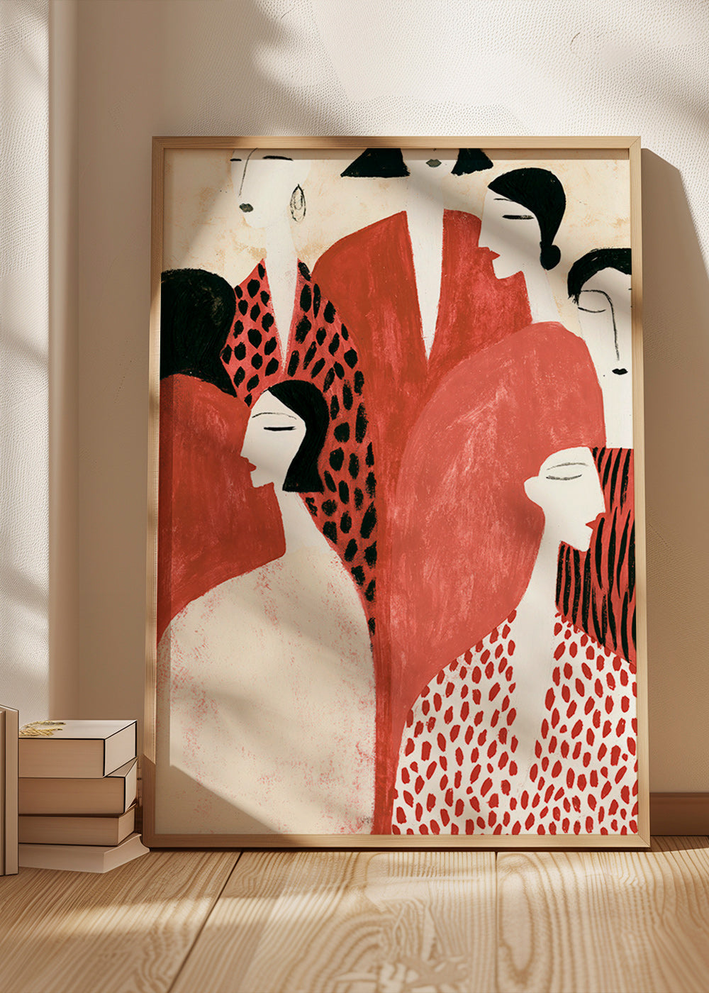 Illustration mit Terrakotta-Figuren und grafischen Mustern