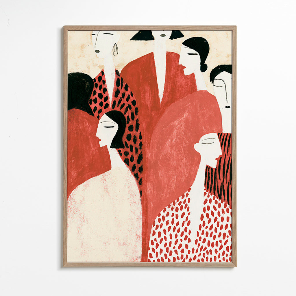 Illustration mit Terrakotta-Figuren und grafischen Mustern