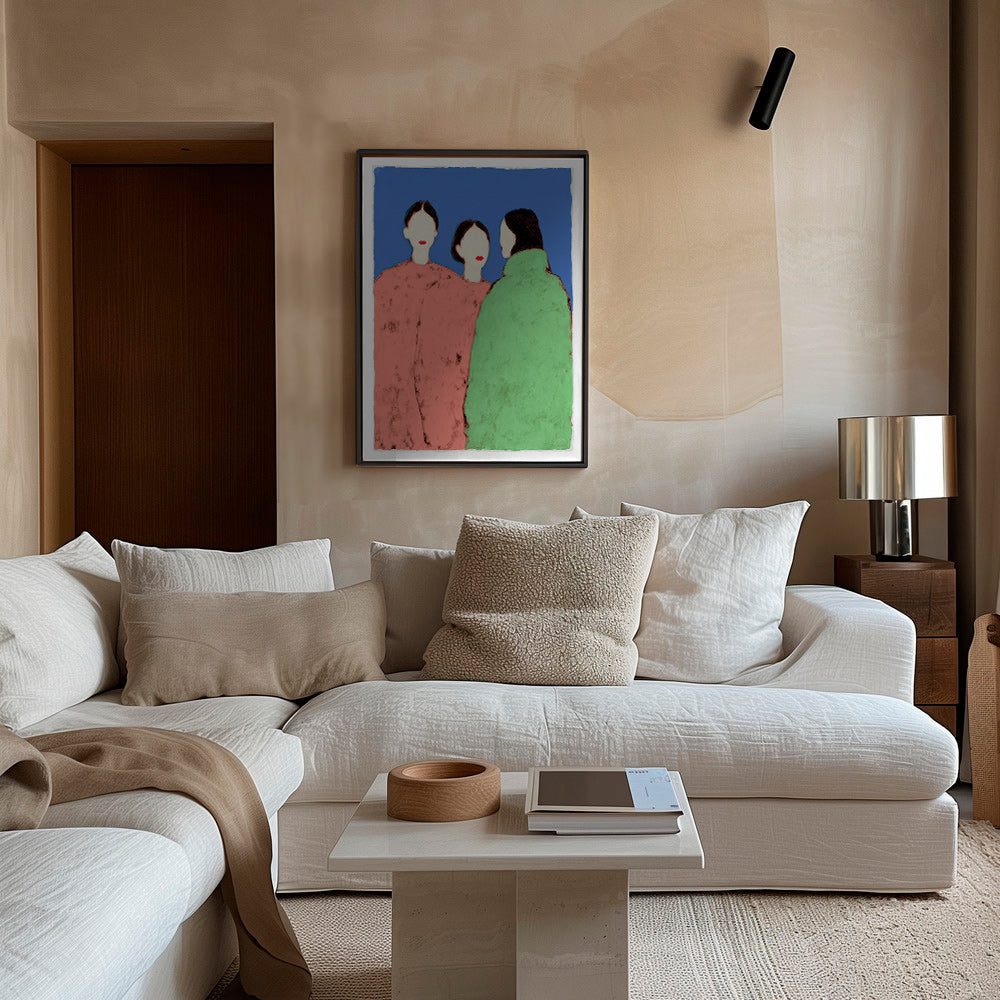 Illustration mit drei stilisierten Figuren auf blauem Hintergrund