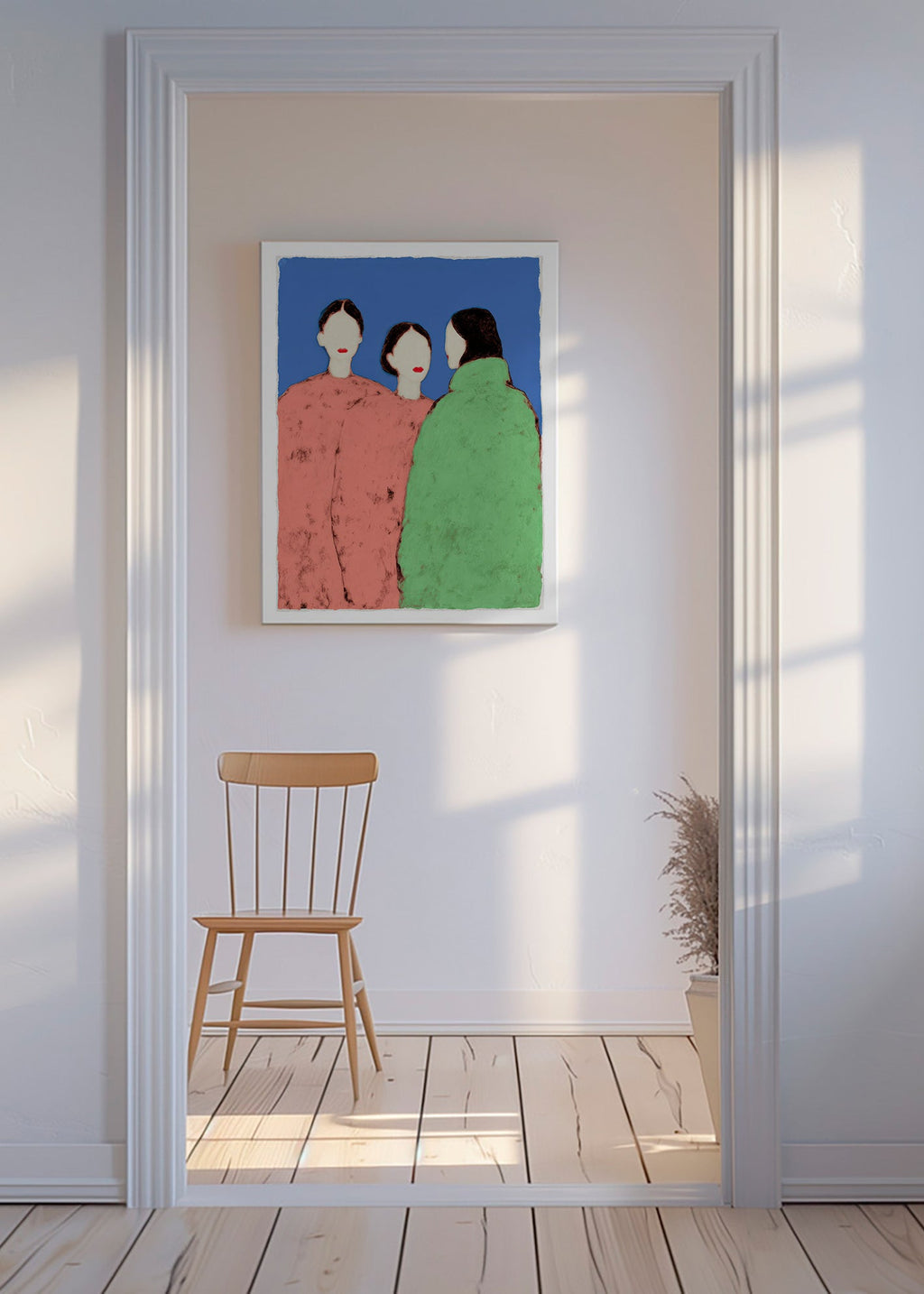 Illustration mit drei stilisierten Figuren auf blauem Hintergrund