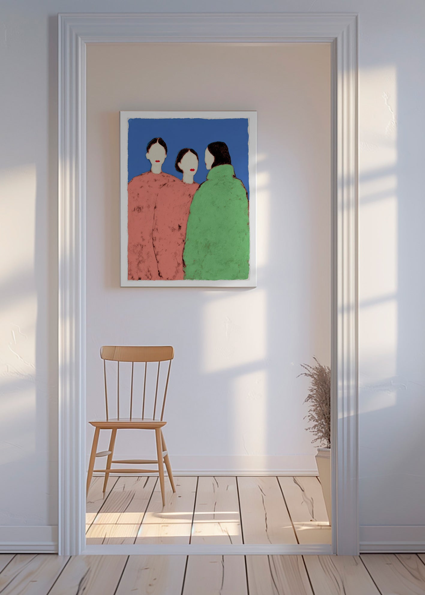 Illustration mit drei stilisierten Figuren auf blauem Hintergrund