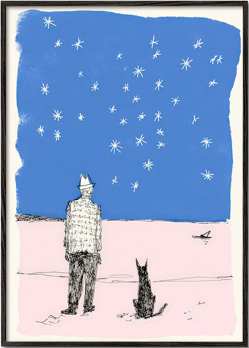 Illustration: Mann und Hund unter Sternen