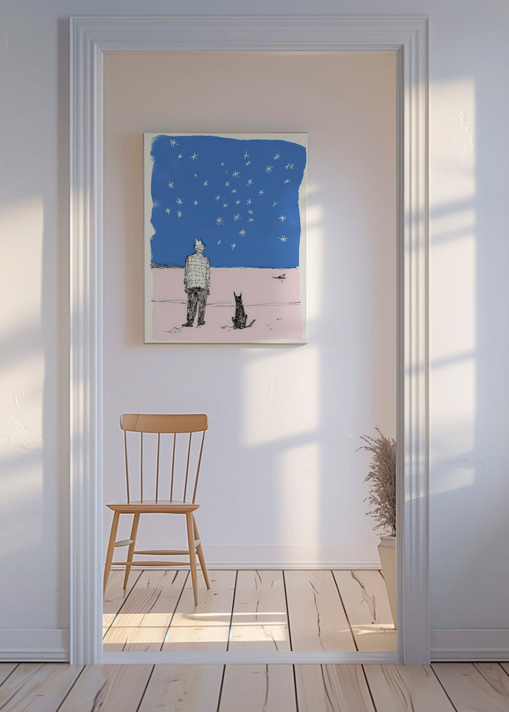 Illustration: Mann und Hund unter Sternen