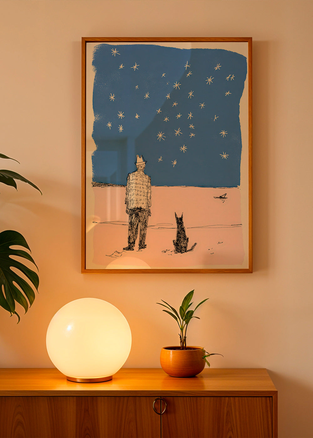Illustration: Mann und Hund unter Sternen