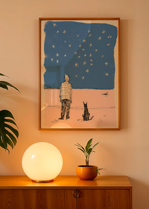 Illustration: Mann und Hund unter Sternen