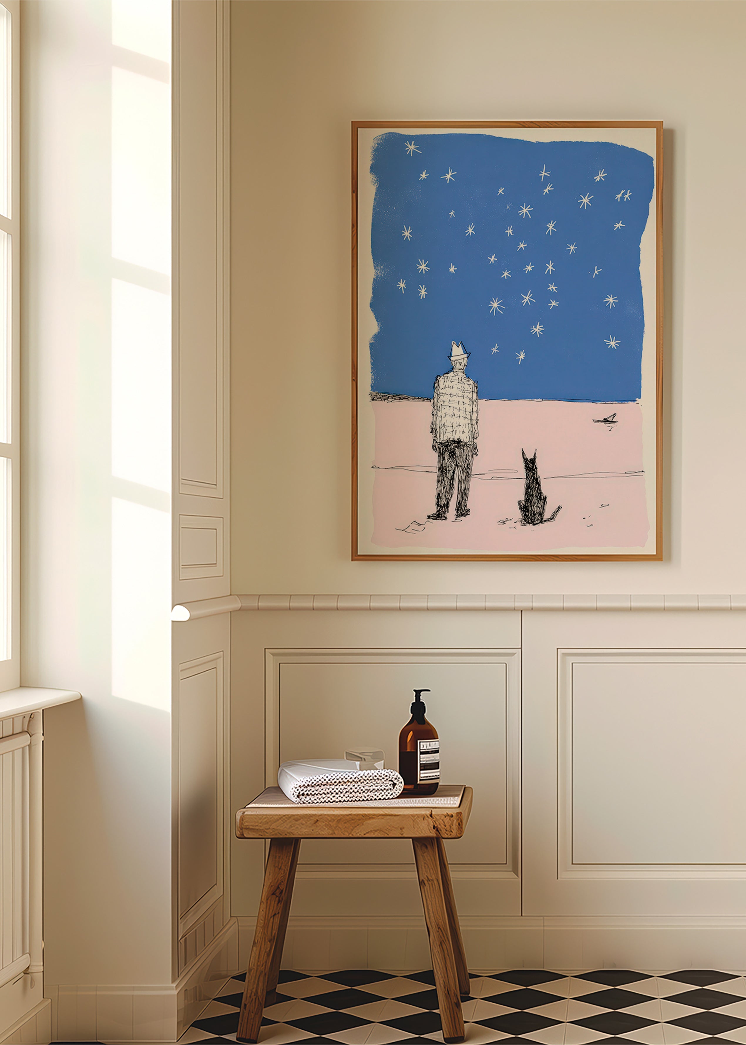 Illustration: Mann und Hund unter Sternen