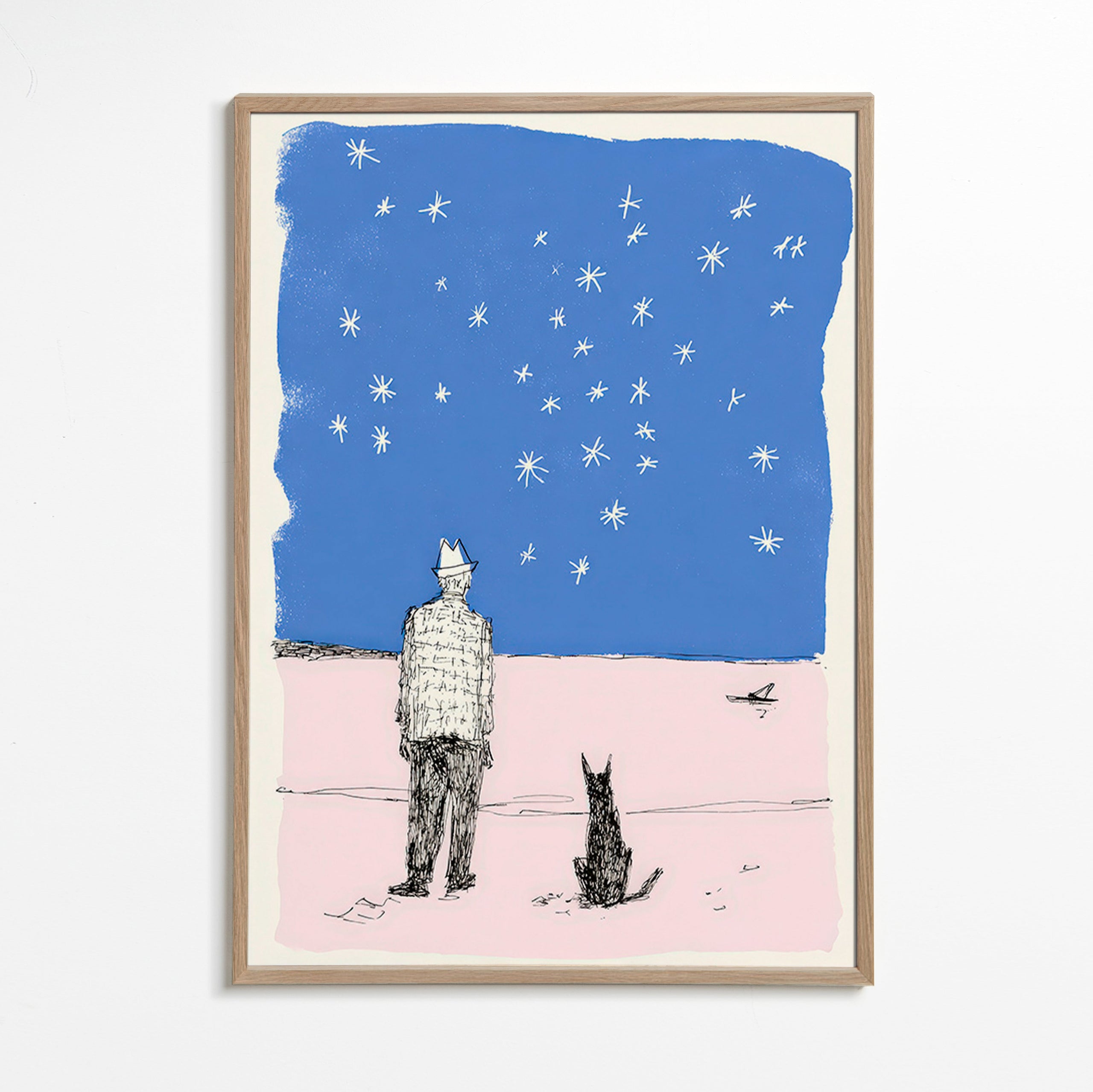 Illustration: Mann und Hund unter Sternen