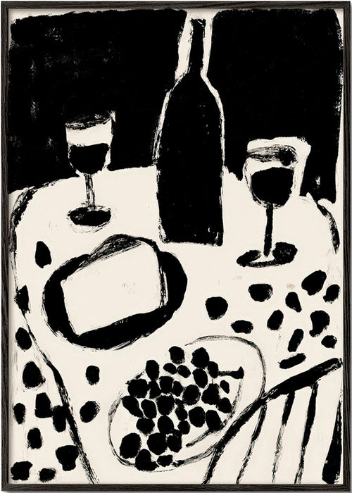 Küchenkunst: Flasche und Trauben in Monochrom