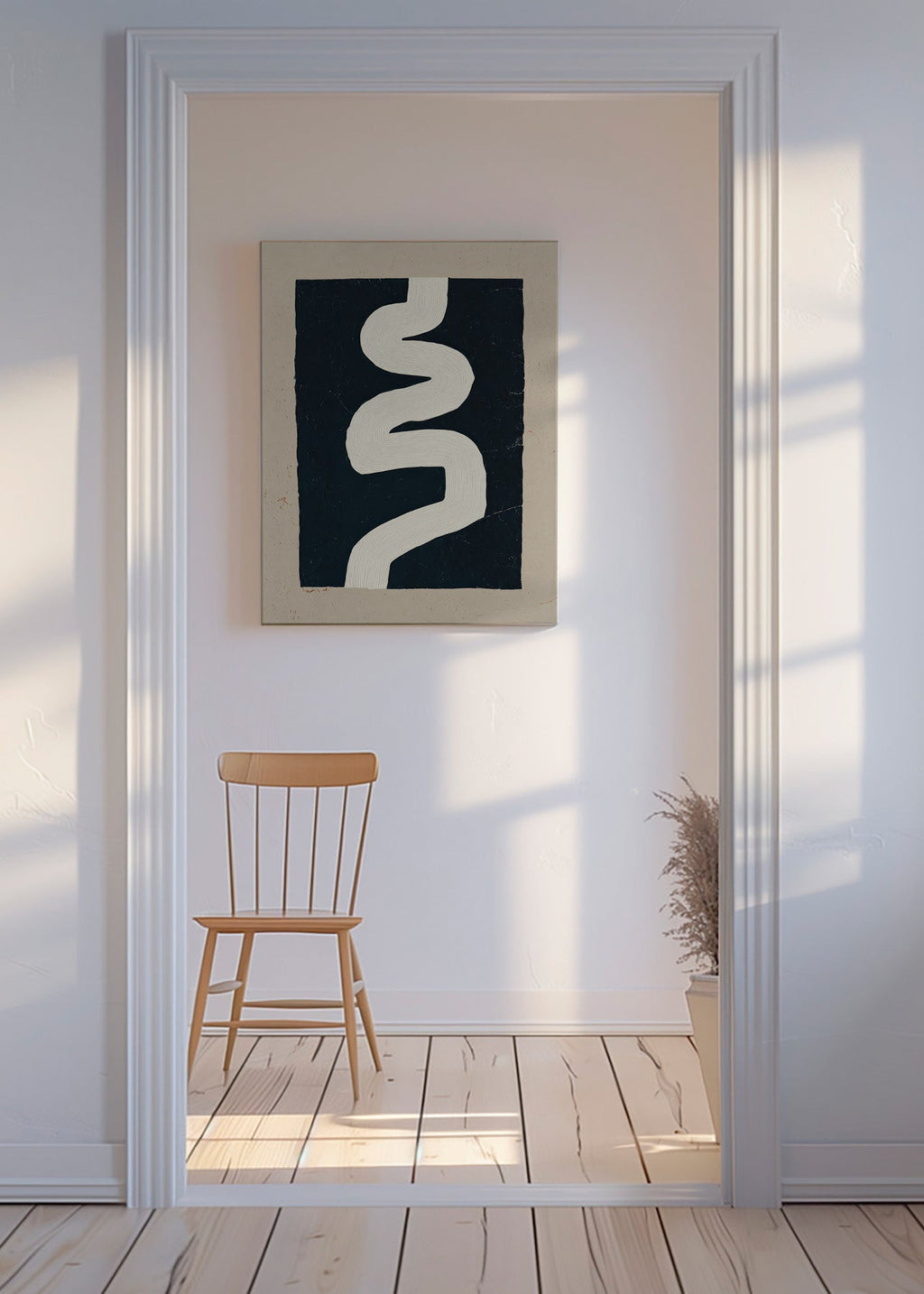 Minimalistisches Motiv weiße Kurve auf dunklem Feld