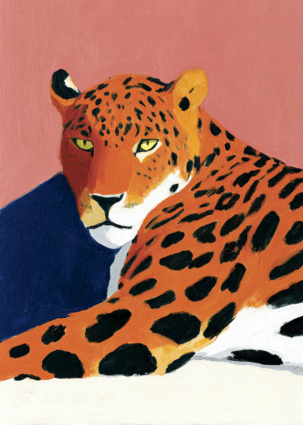 Kunstwerk: Ruhender Leopard vor rosa Hintergrund