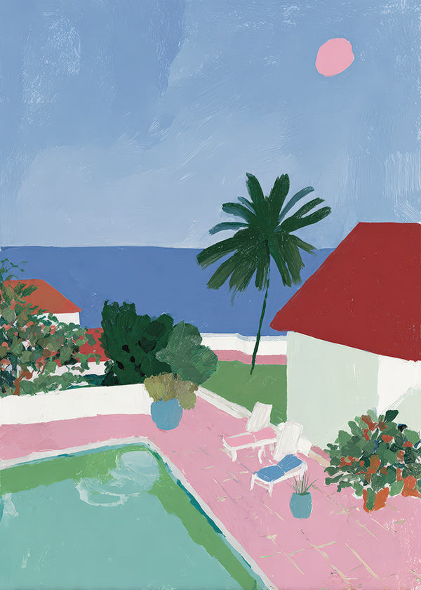 Küstenlandschaft mit Pool, Palme und rotem Dach