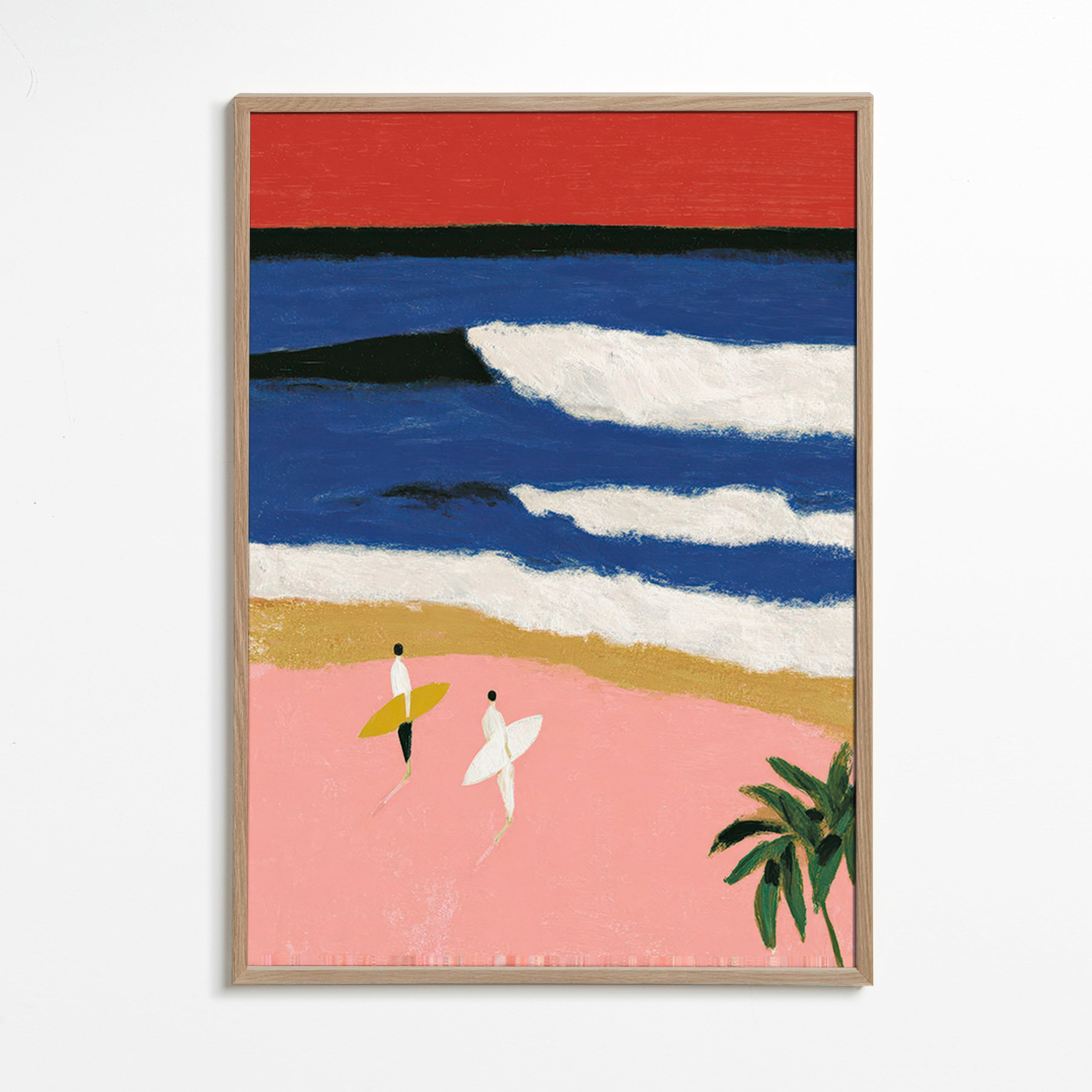 Landschaftsbild mit Surfern und rosa Sand