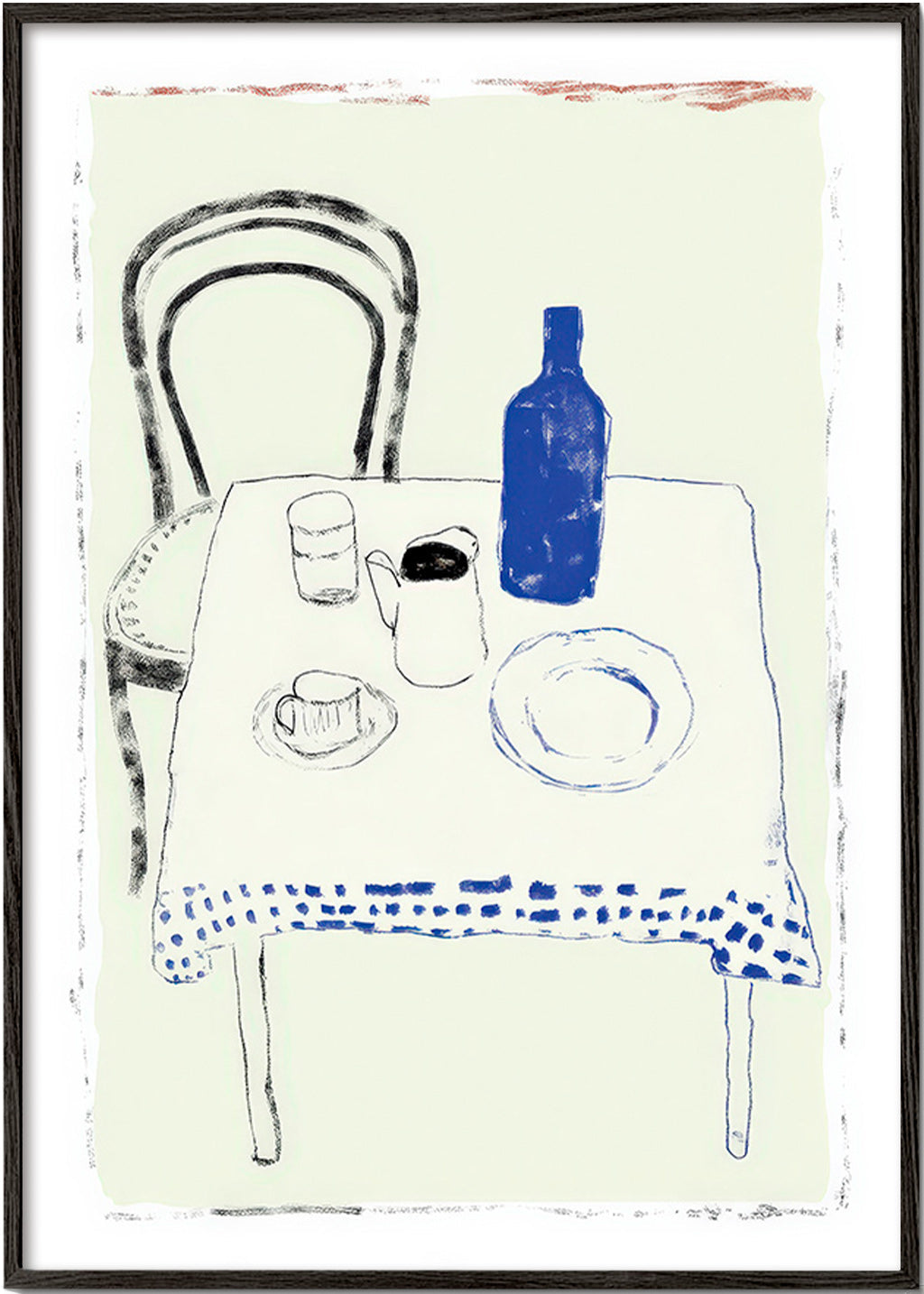 Küchenkunst mit blauer Flasche und reduzierter Geschirransicht