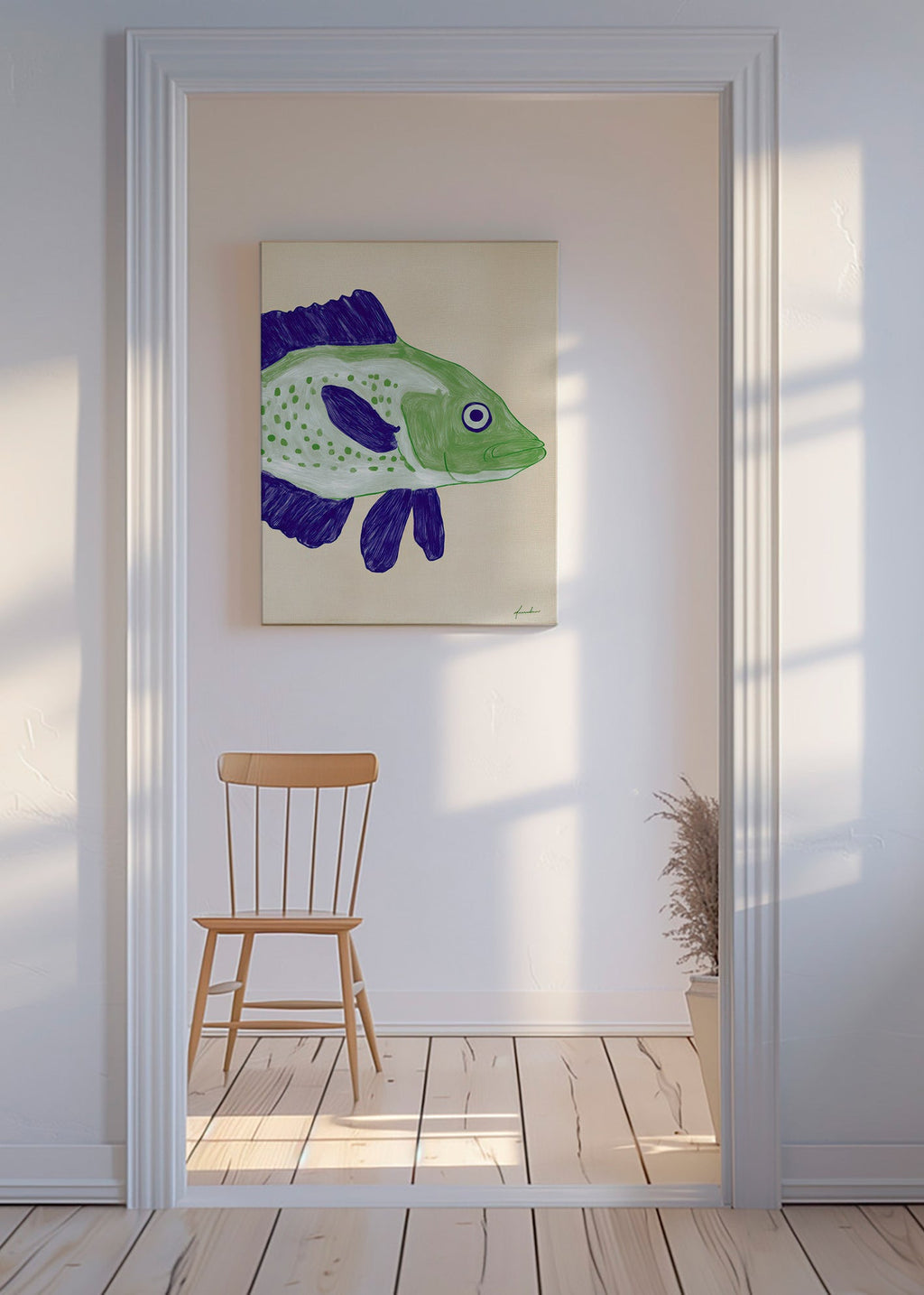 Fisch-Illustration mit grünem Körper und blauen Strichen