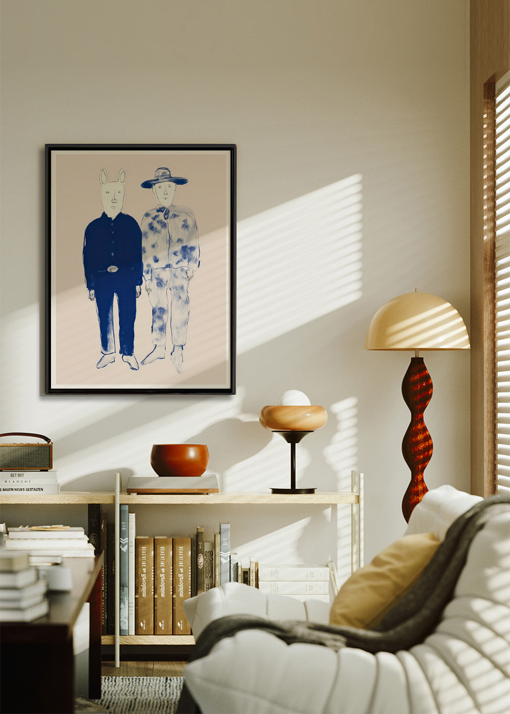 Illustration mit zwei Figuren und Hasen in blauer Tinte