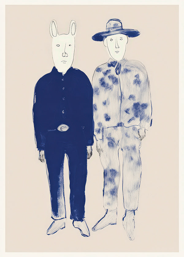 Illustration mit zwei Figuren und Hasen in blauer Tinte