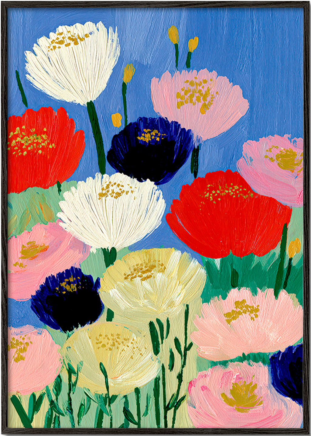 Botanischer Druck mit kraftvollen Pinselblumen