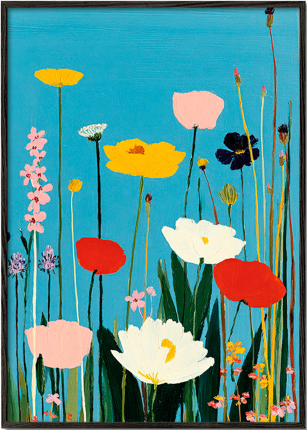 Botanischer Druck: Wildblumen vor blauem Grund