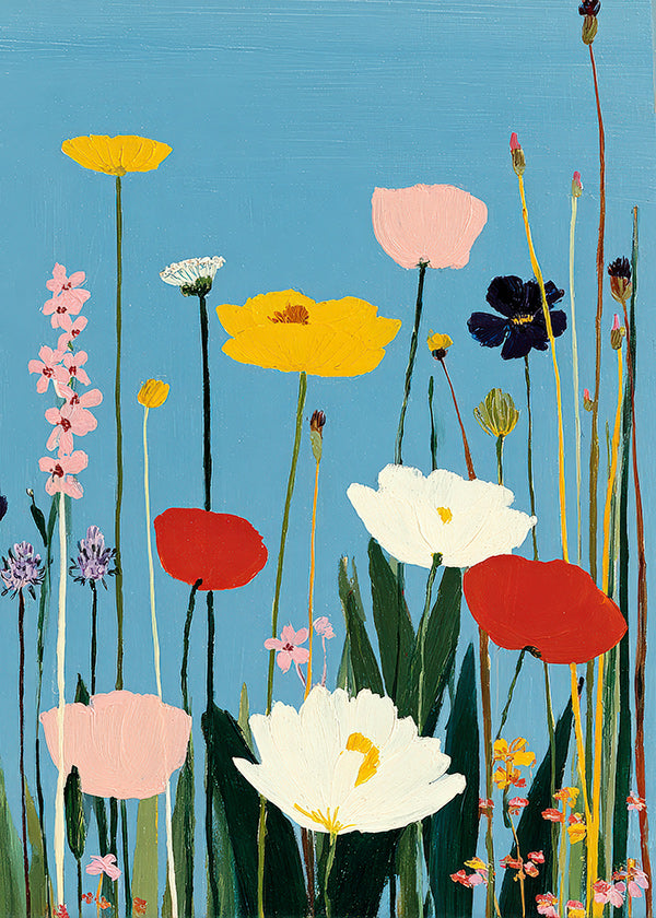 Botanischer Druck: Wildblumen vor blauem Grund