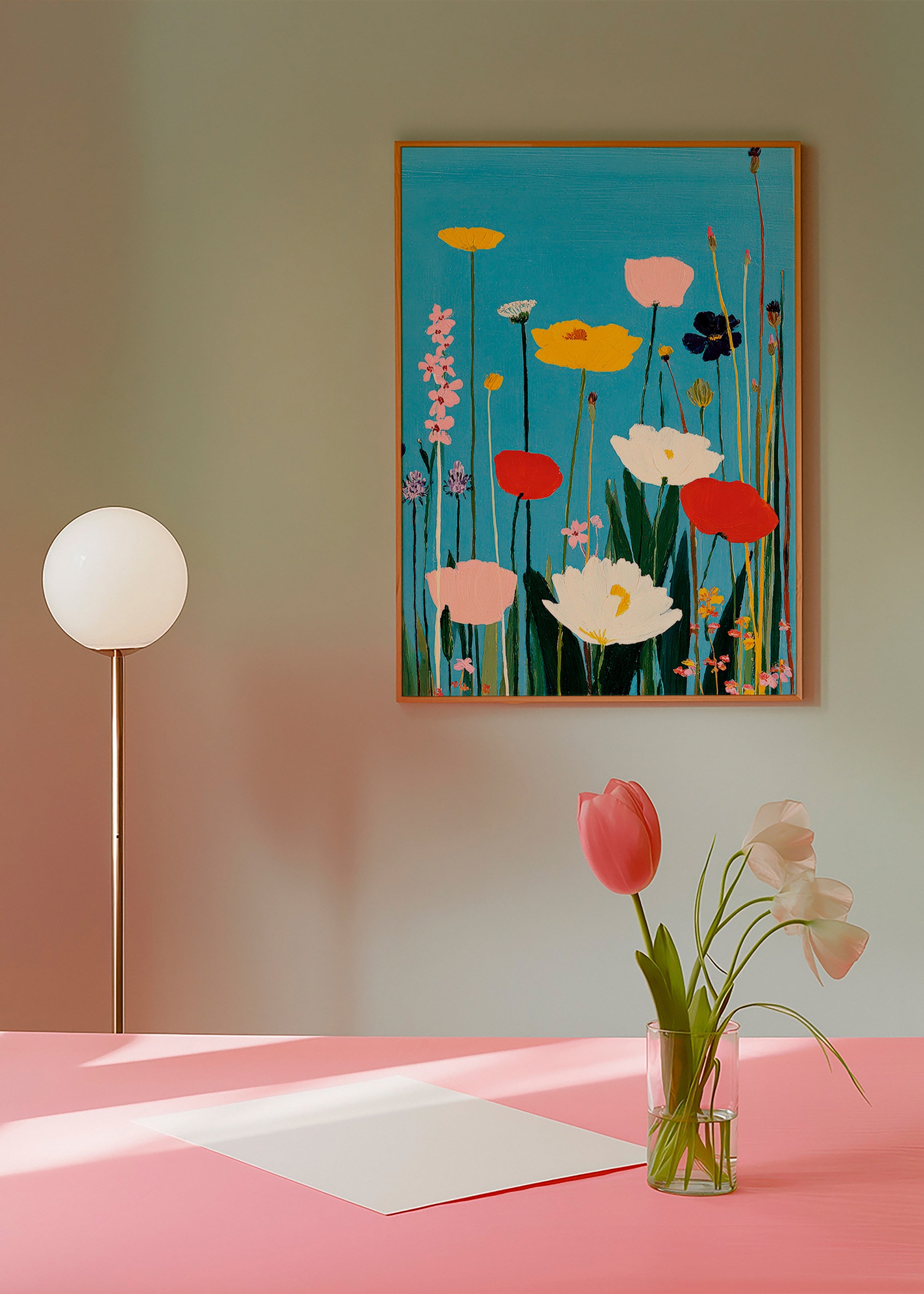 Botanischer Druck: Wildblumen vor blauem Grund