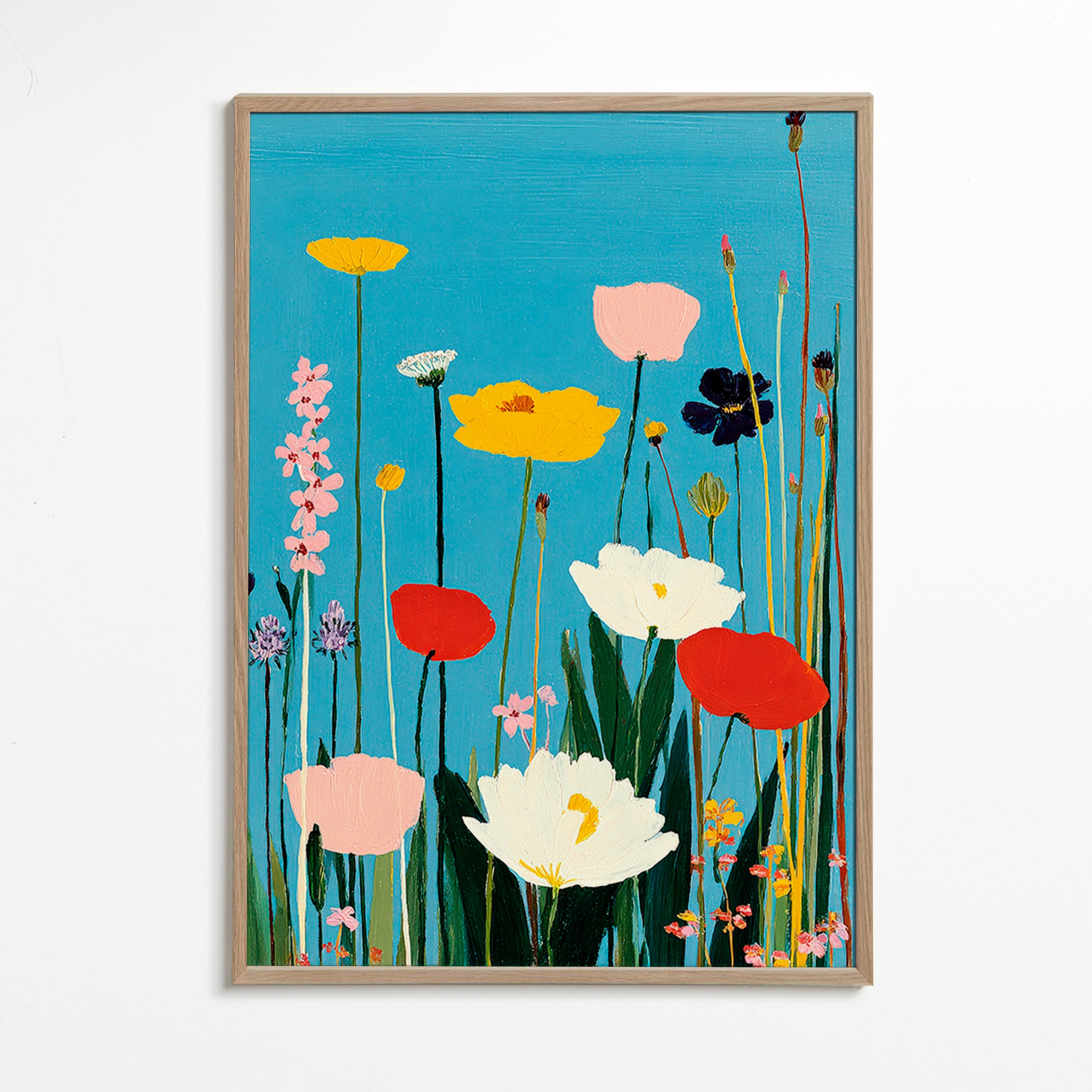 Botanischer Druck: Wildblumen vor blauem Grund