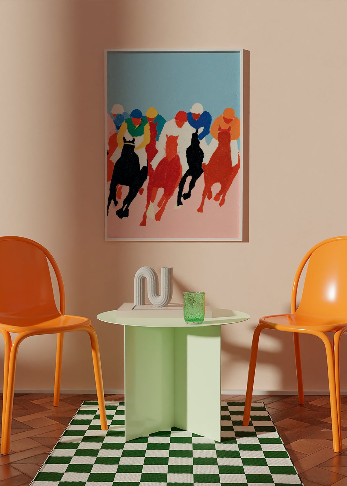 Sportkunst: farbenfrohes Pferderennen