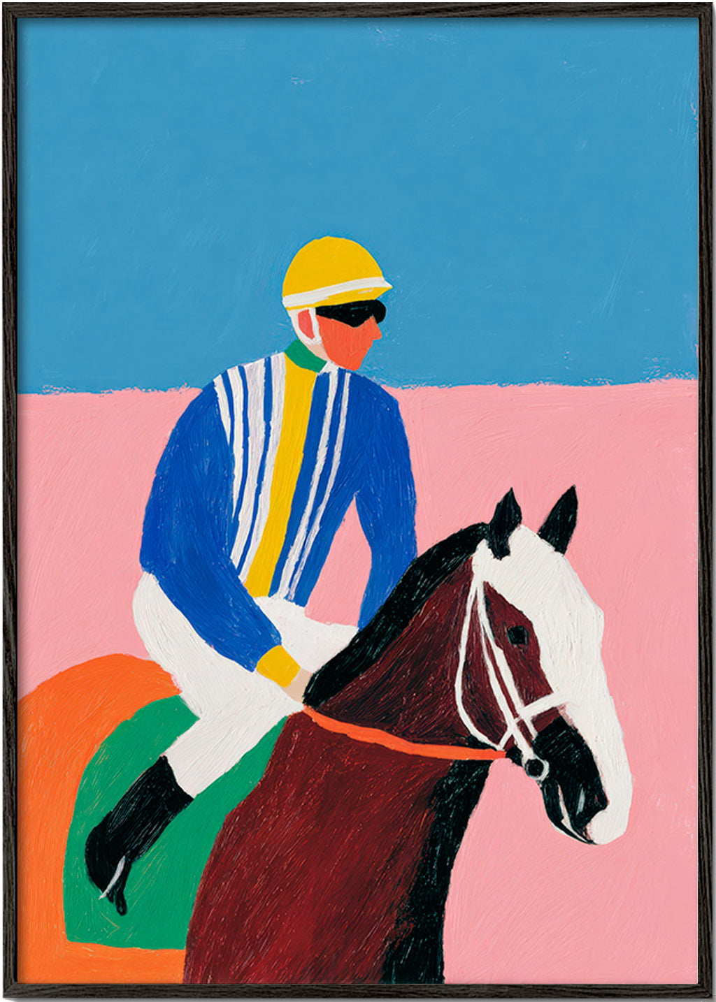 Sportkunst: Jockey und Pferd in flachen Farben