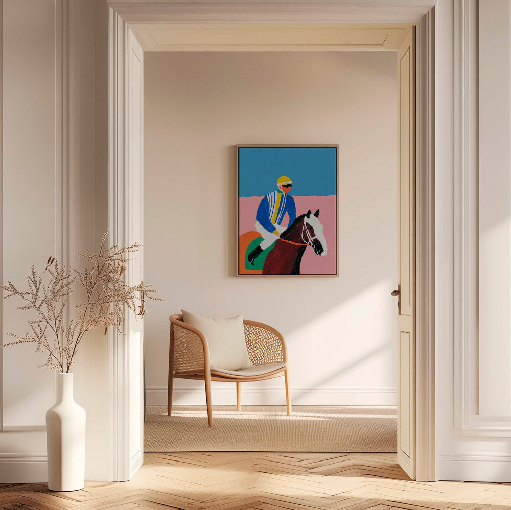Sportkunst: Jockey und Pferd in flachen Farben