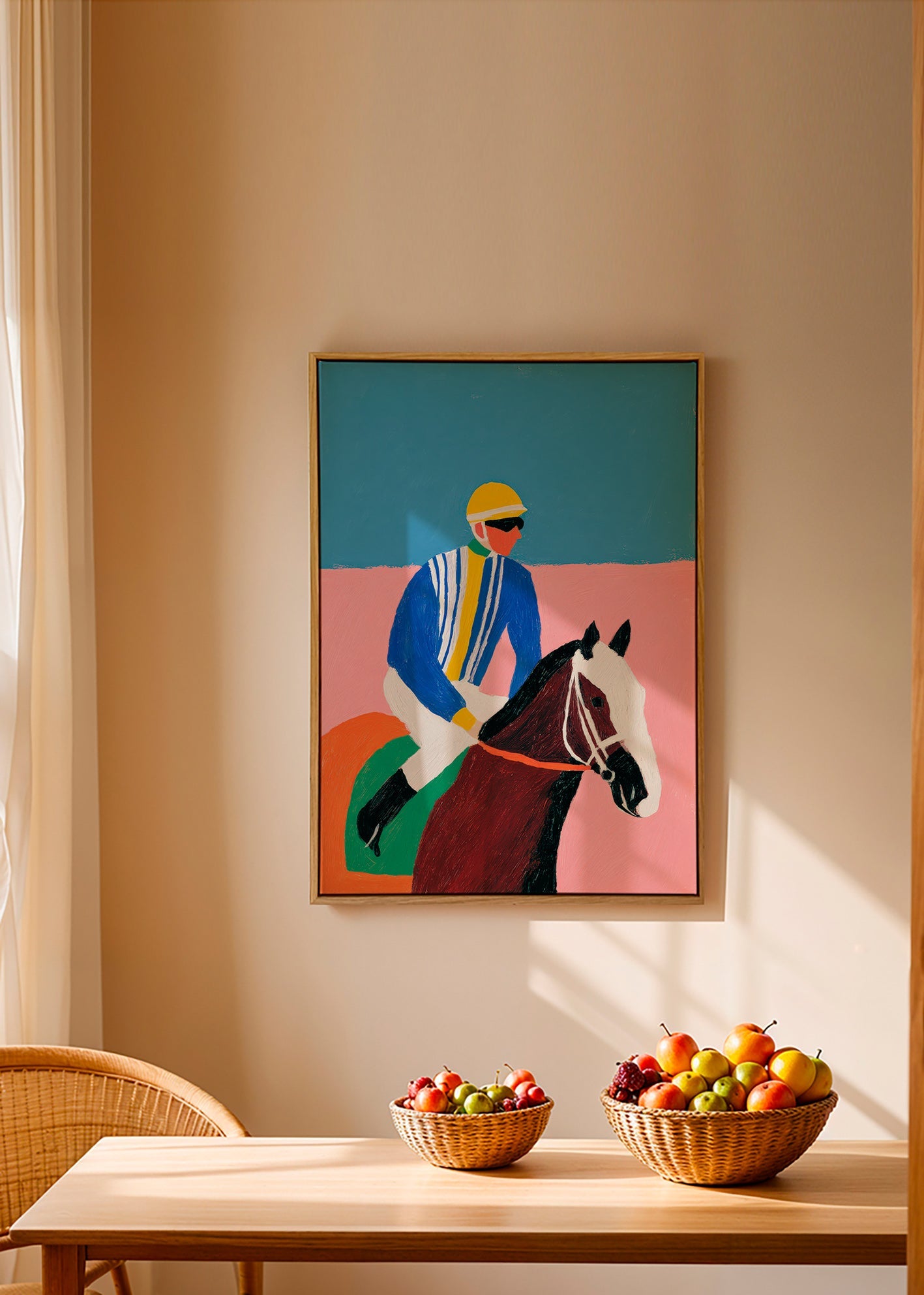 Sportkunst: Jockey und Pferd in flachen Farben