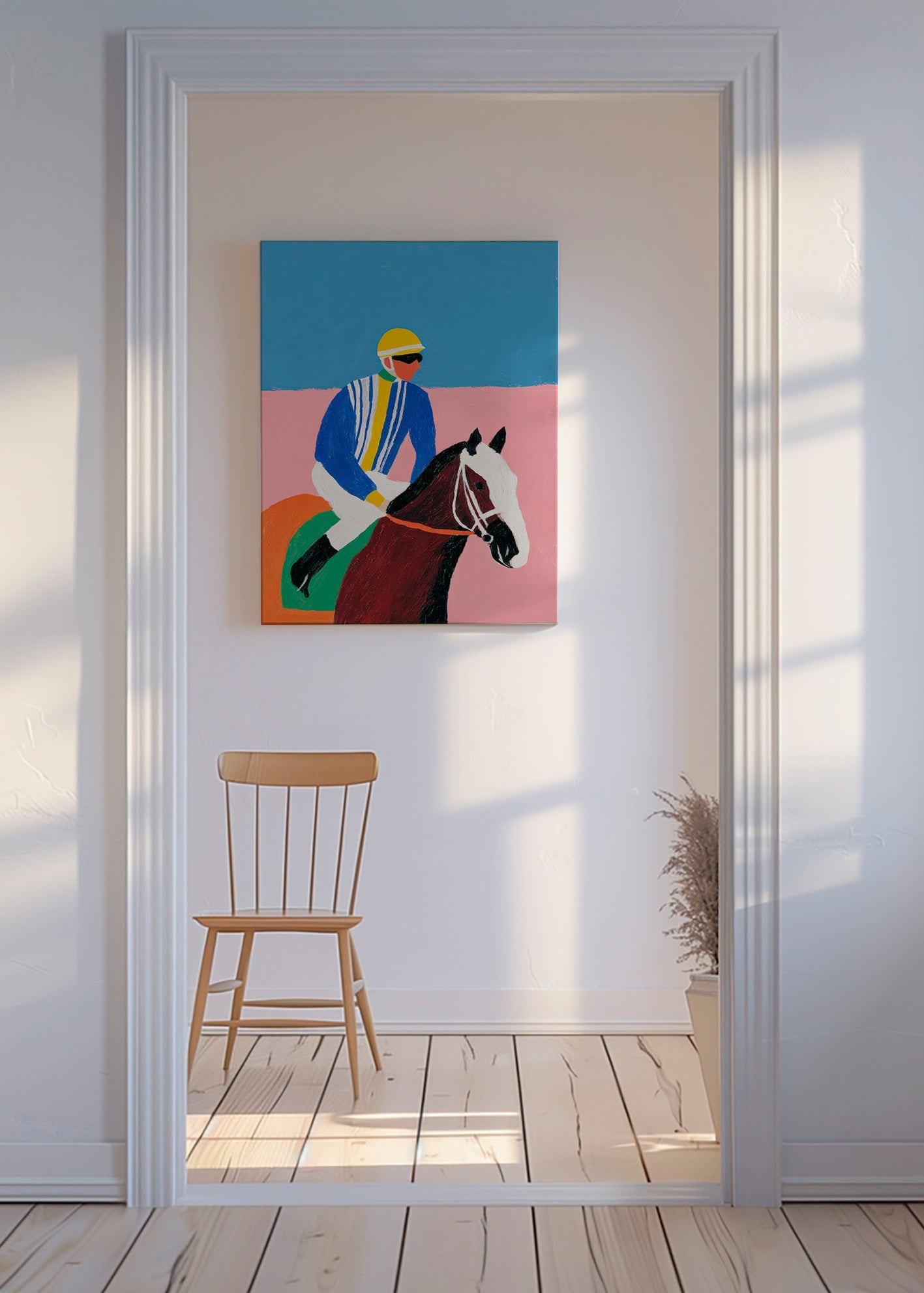 Sportkunst: Jockey und Pferd in flachen Farben