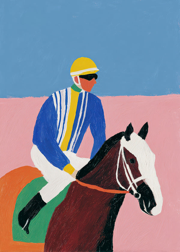 Sportkunst: Jockey und Pferd in flachen Farben