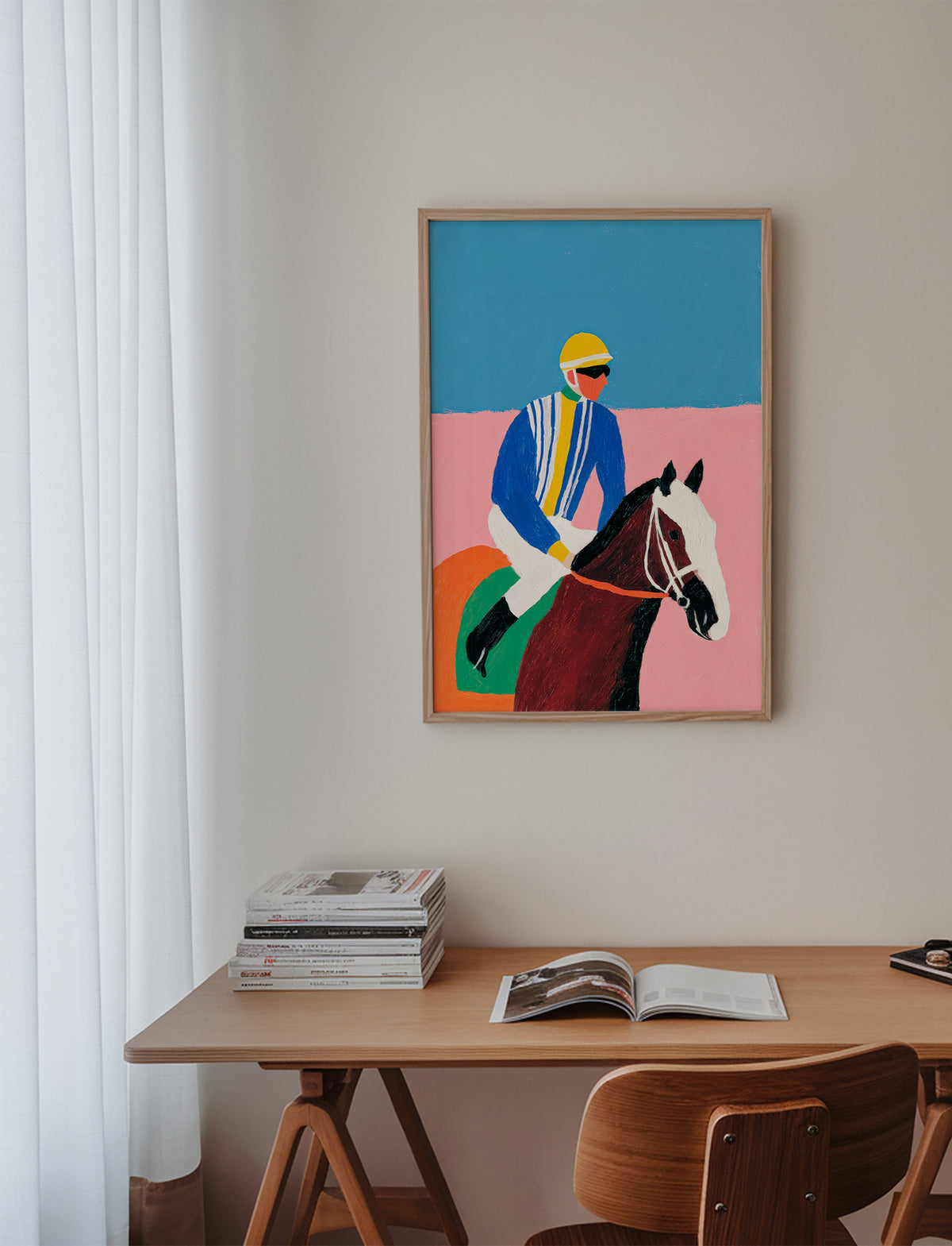 Sportkunst: Jockey und Pferd in flachen Farben