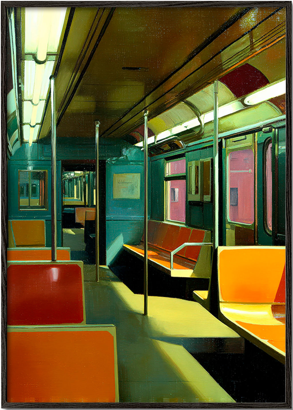 Reisposter: leer U-Bahn-Wagen im warmen Licht