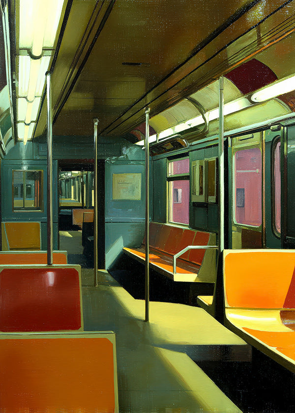 Reisposter: leer U-Bahn-Wagen im warmen Licht