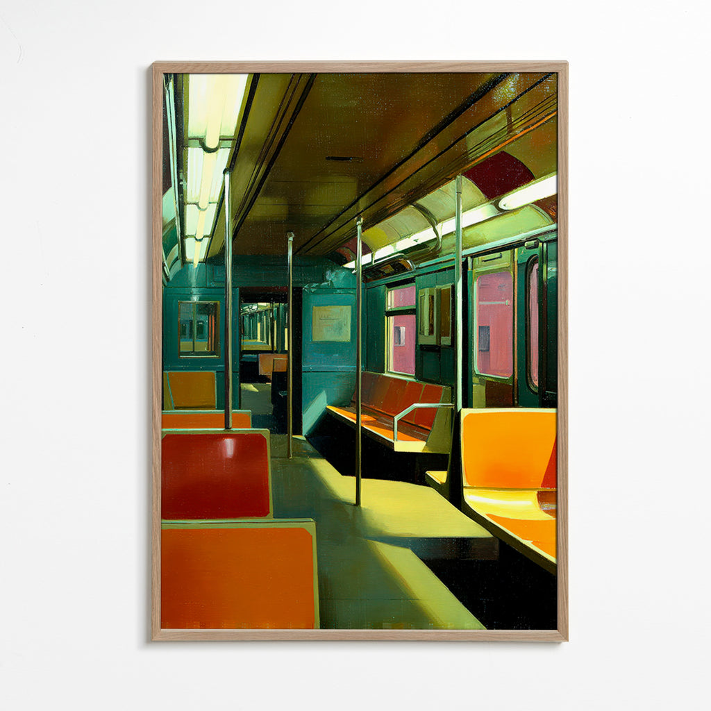 Reisposter: leer U-Bahn-Wagen im warmen Licht