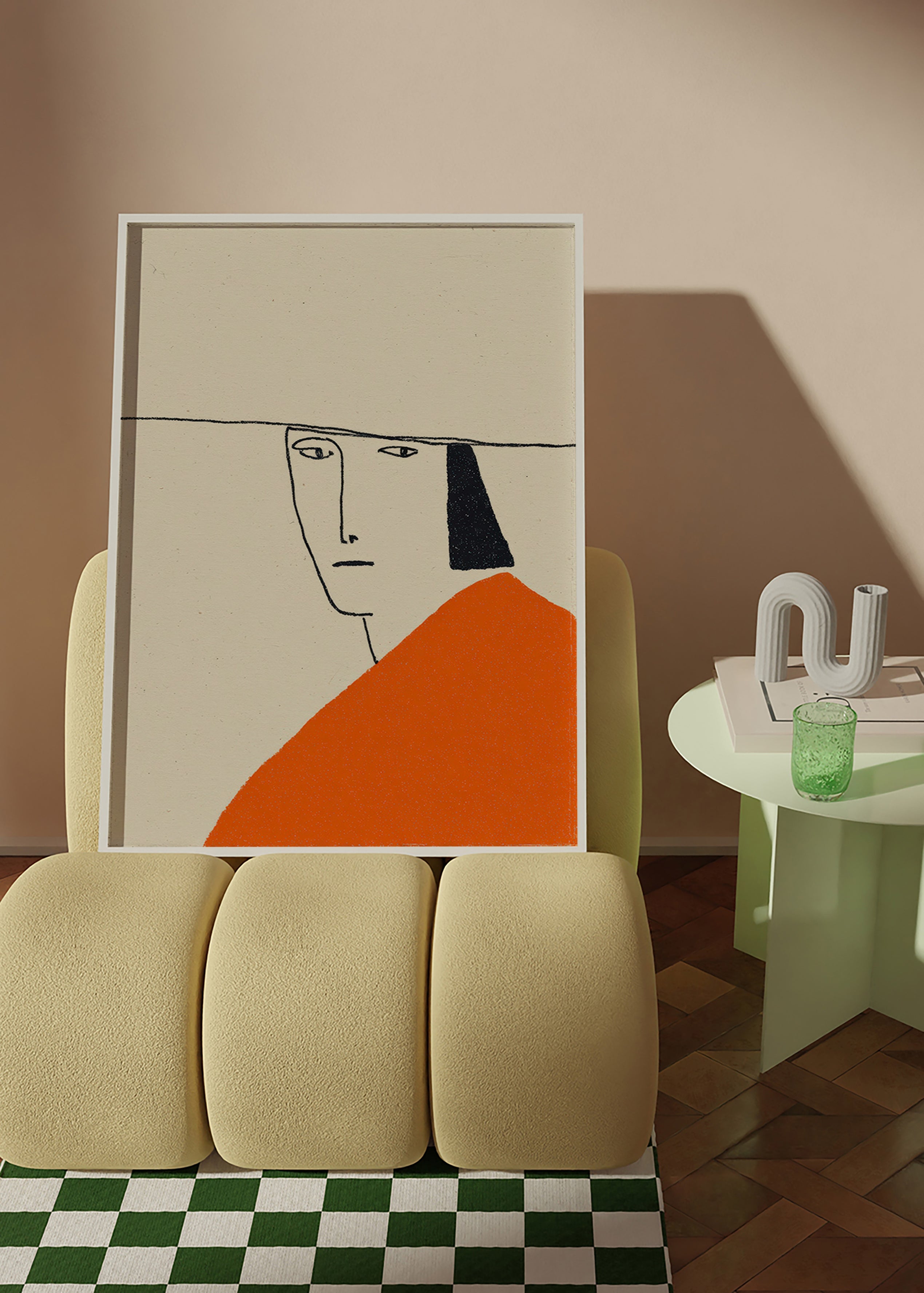 Minimalistische Illustration mit orangefarbenem Mantel
