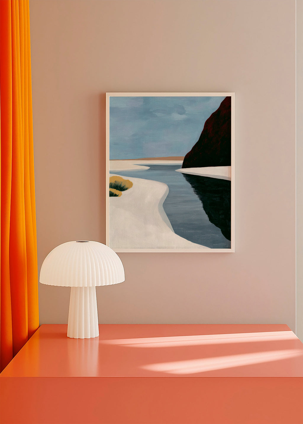 Landschaftskunst: minimalistisches Ästuar mit dunkler Klippe