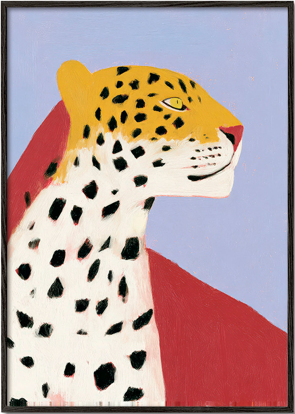Leopard im Profil vor lavendelfarbenem Hintergrund