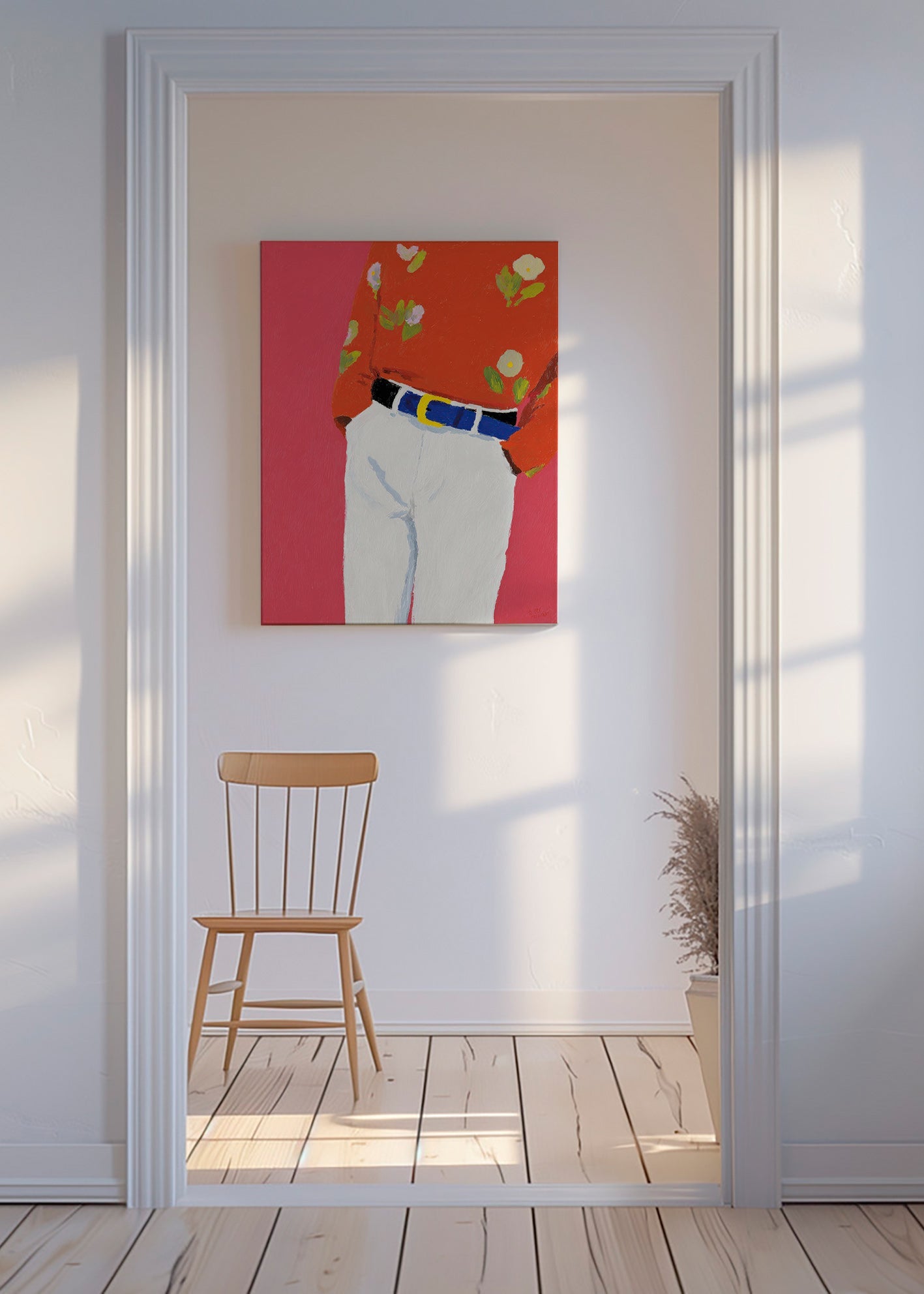 Illustration Torso mit Blumenbluse vor rosa Hintergrund