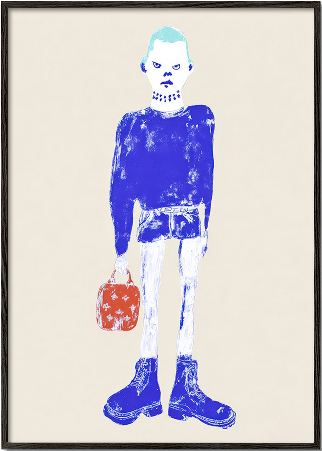 Blaue Figurenillustration mit Tasche