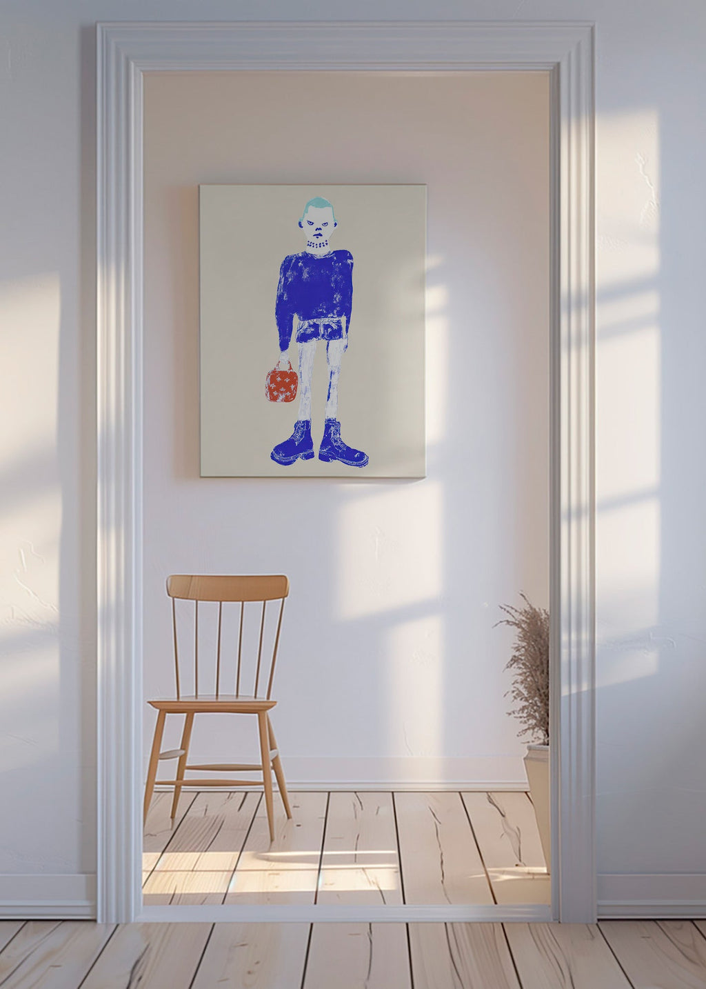 Blaue Figurenillustration mit Tasche