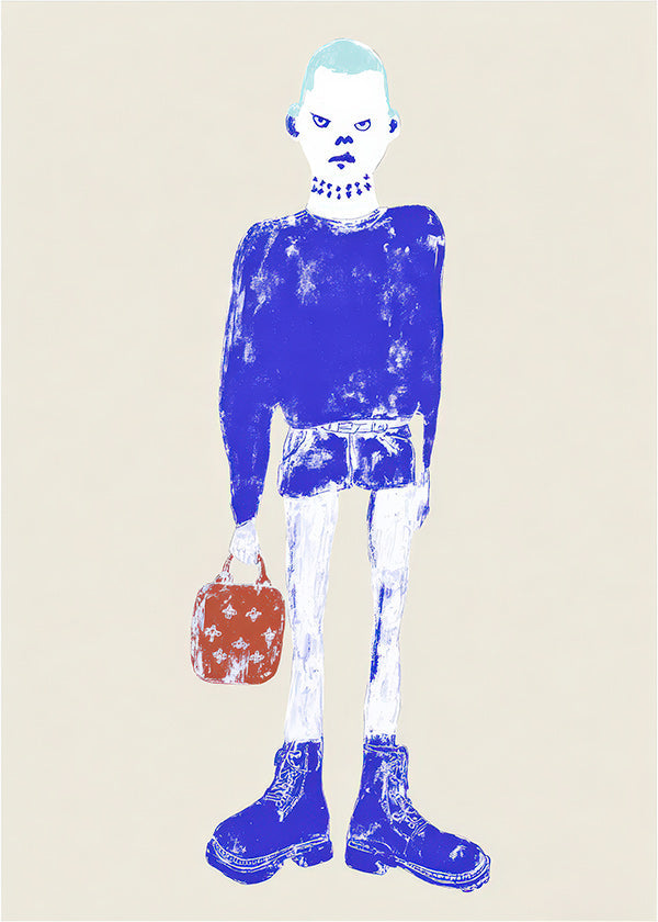 Blaue Figurenillustration mit Tasche