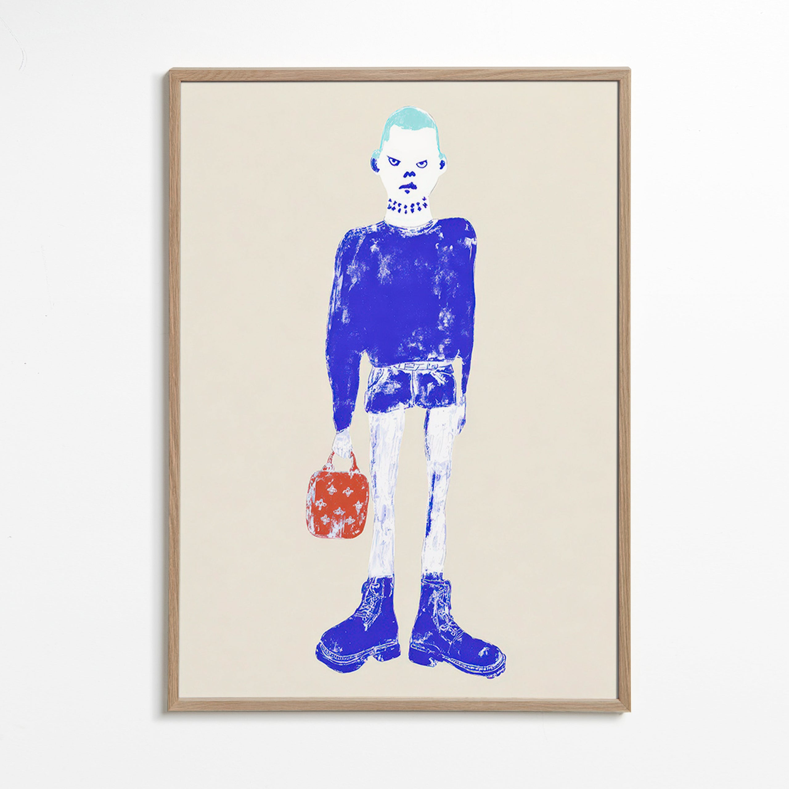 Blaue Figurenillustration mit Tasche