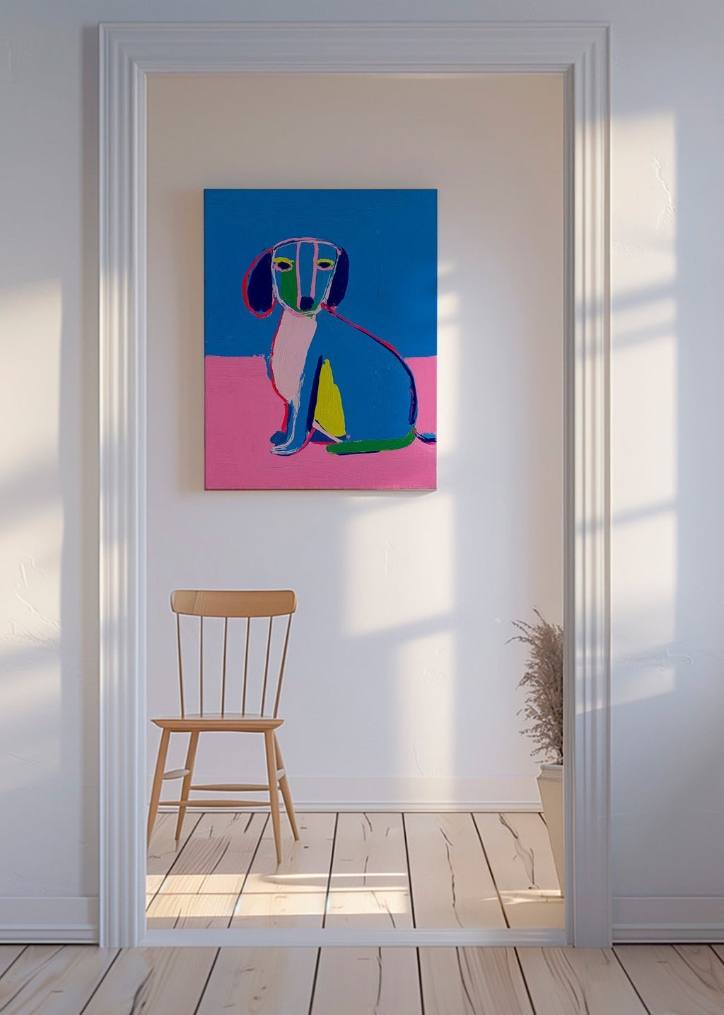 Kunstwerk Neonhund Farbblock