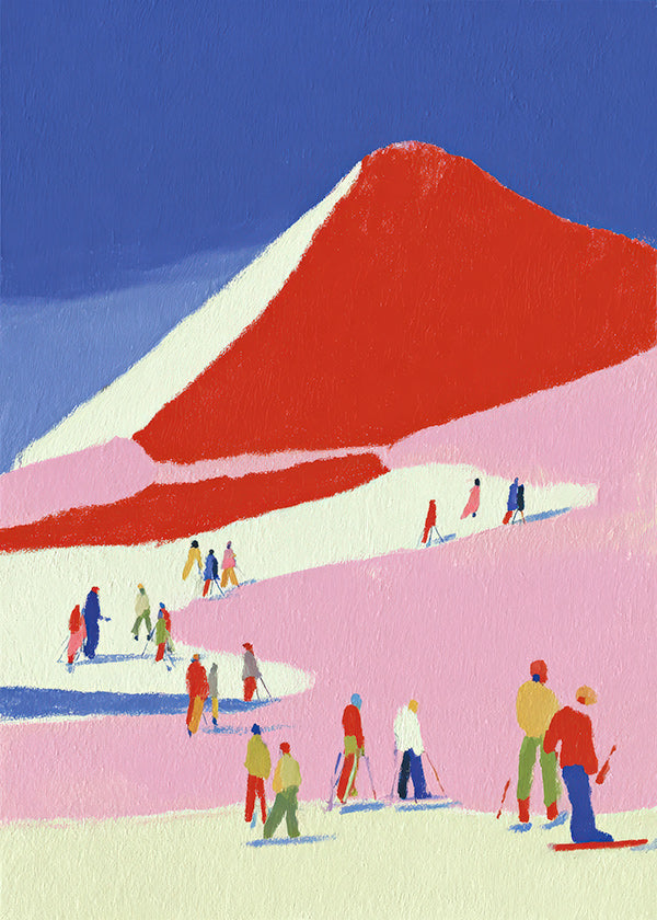 Landschaftskunst: roter Berg mit Skifahrern