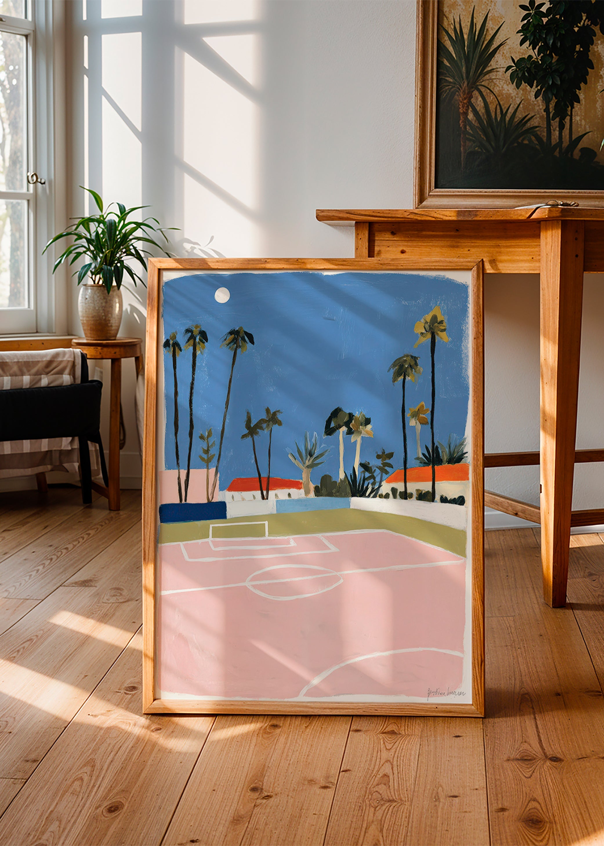 Sportkunst mit Spielfeld und Palmen